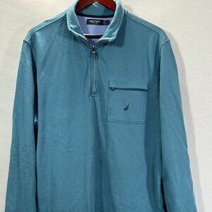 Nautica 1/4 Zip Shirt Mens Large Blue Long Sleeve Teal Cotton Pocket Pullover